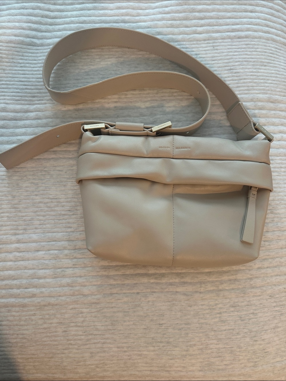 AllSaints Collete xbody bag. Cream Leather Fold-Top Crossbody